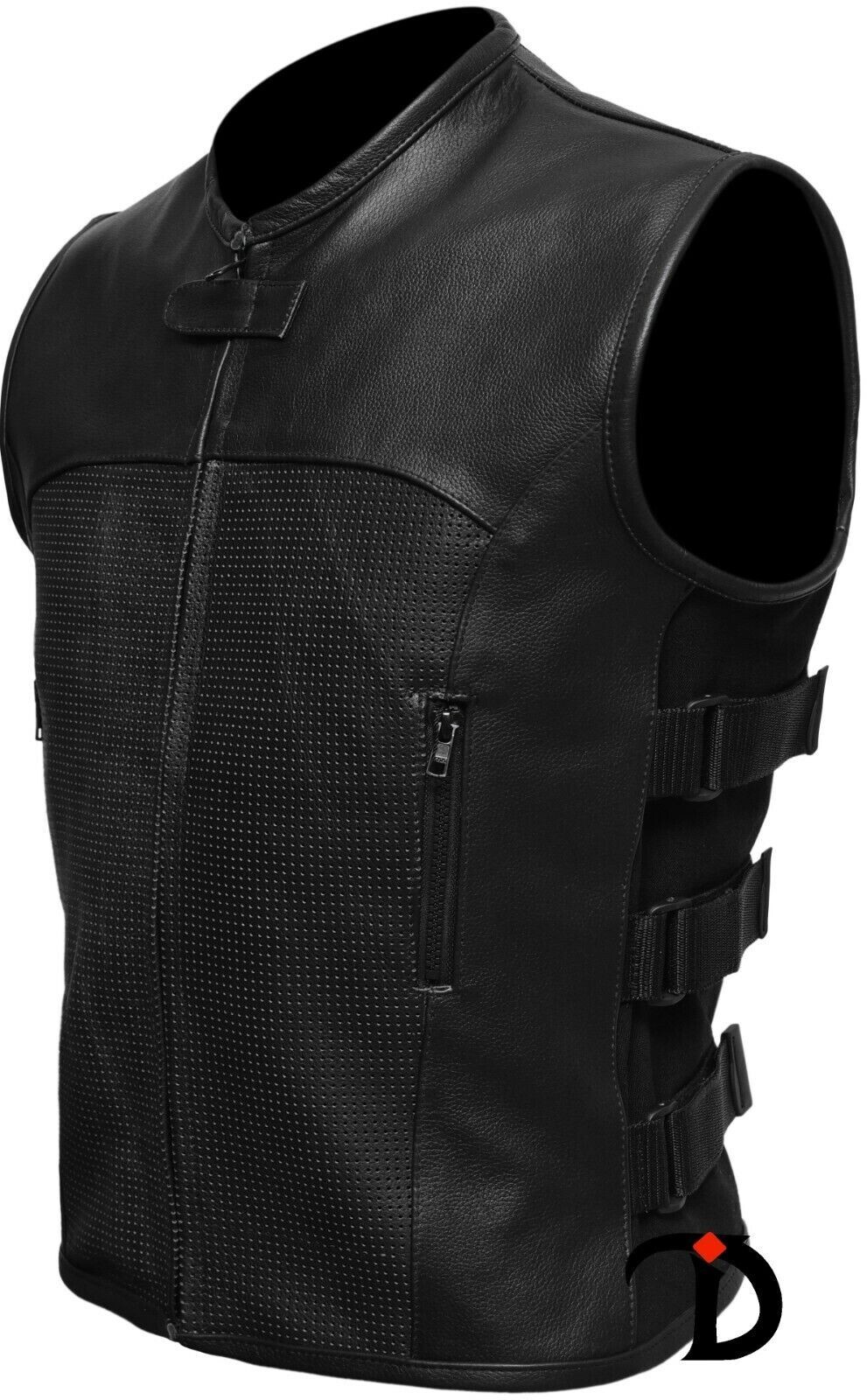 NEW Black Real Cow Hide Leather Tactical SWAT Style Biker Motorcycle Vest Jacket