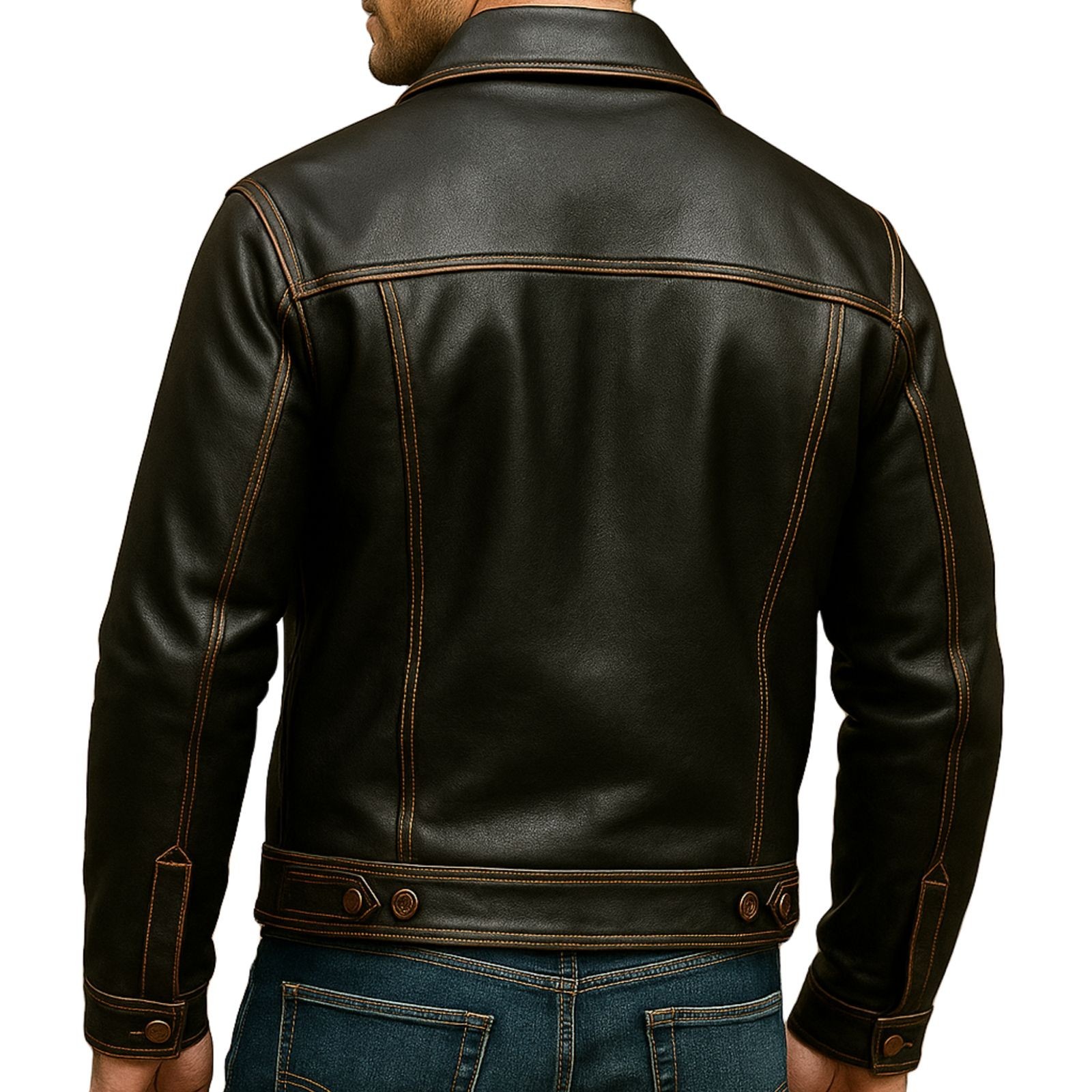 Men’s Genuine Leather Trucker Jacket Black Button-Up Classic Western Style Coat