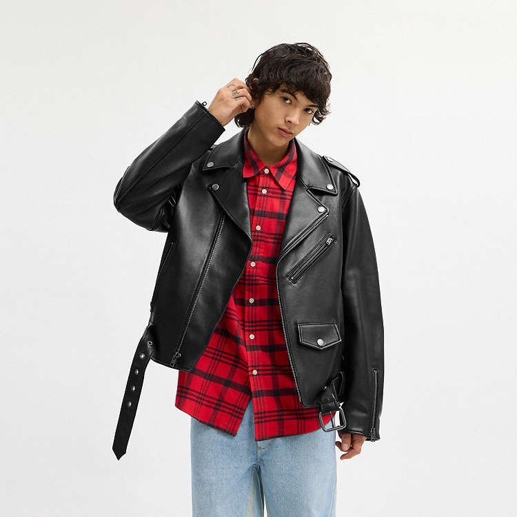 Coach Men’s S Black Leather Lightweight Moto Jacket Zip Belted Buckle