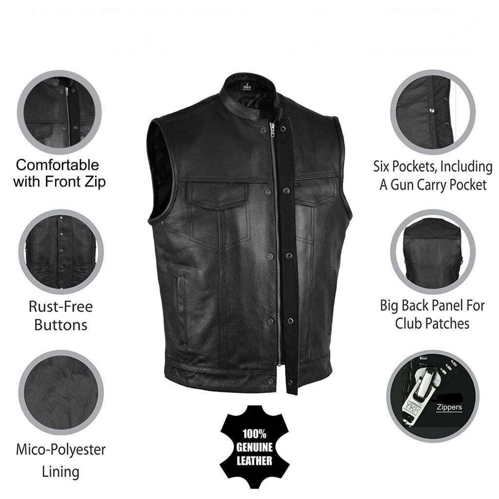 SOA Men’s Motorcycle Club Leather Vest Concealed Carry Arms Solid Back