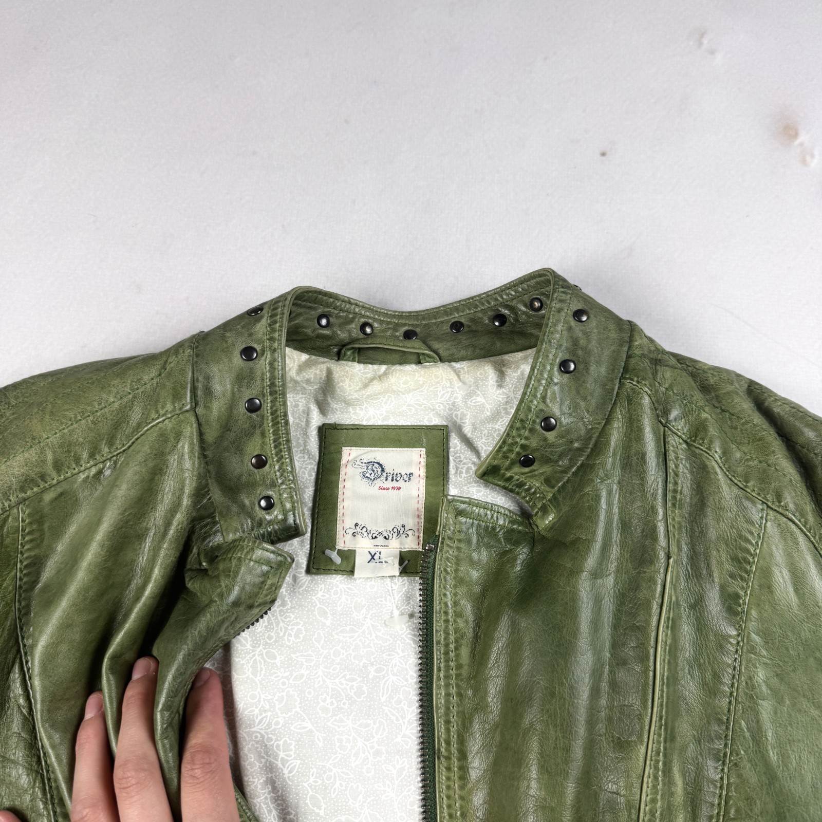 Mens Vintage Green Genuine Leather Moto Jacket Studded Collar Biker Y2K Grunge