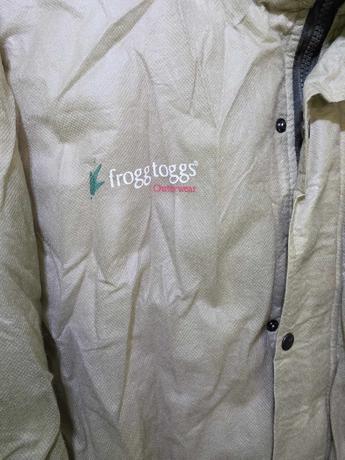 Frogg Toggs Polypropylene Rain Jacket Tan Full Zip Snap Removable Hood Size L