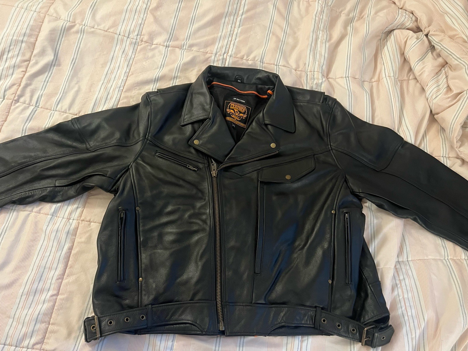 Men’s Milwaukee Leather Jacket Black Solid Genuine Leather Biker Motorcycle 5XL
