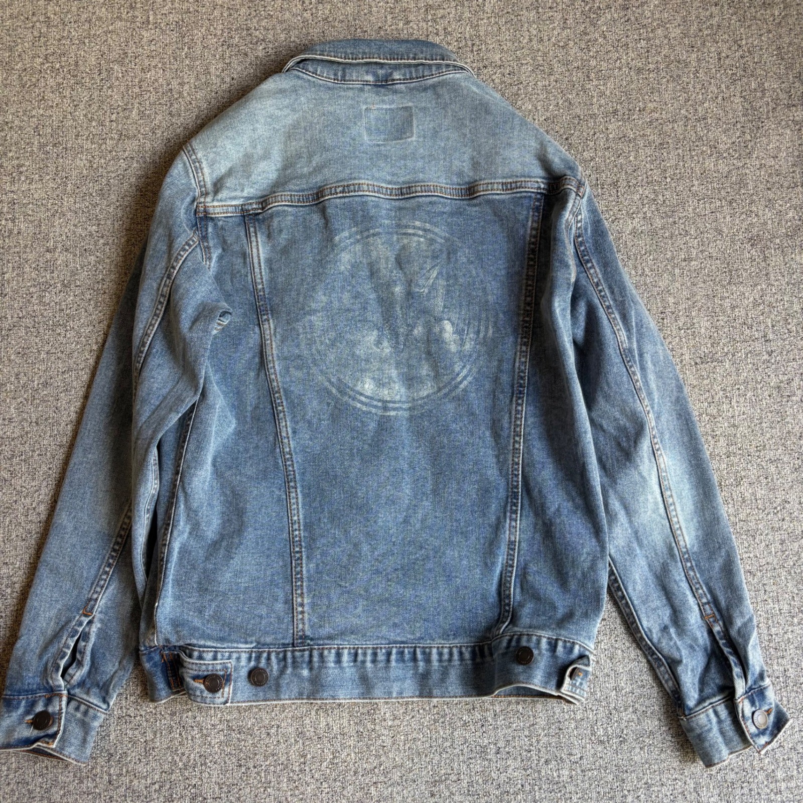 Bacardi Denim Jacket Small Blue Faded Logo Print Trucker Bat Graphic Spandex