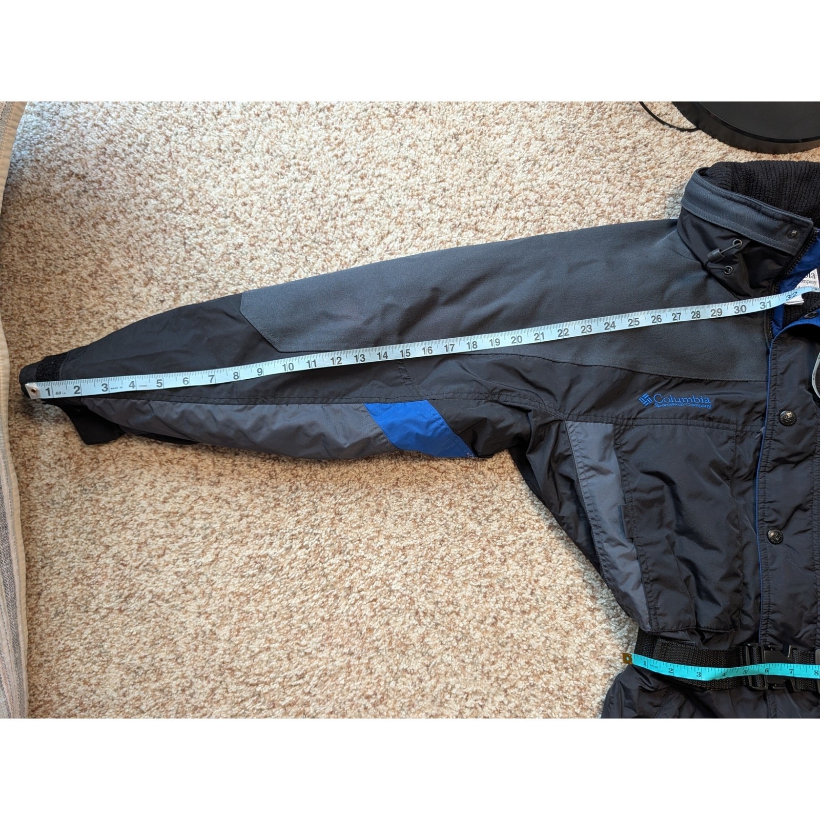Columbia Vintage 1Pc Ski Suit Mens S Black Blue Trim Belted One Piece Snowsuit