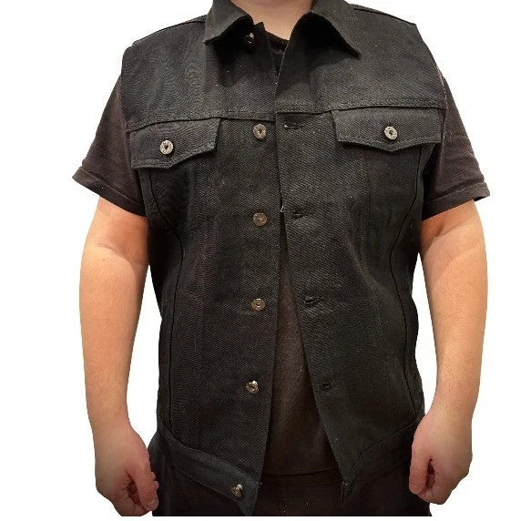 MEN’S HOODED DENIM BIKER VEST JACKET BLACK WASHED DENIM W/DETACHABLE HOODIE.