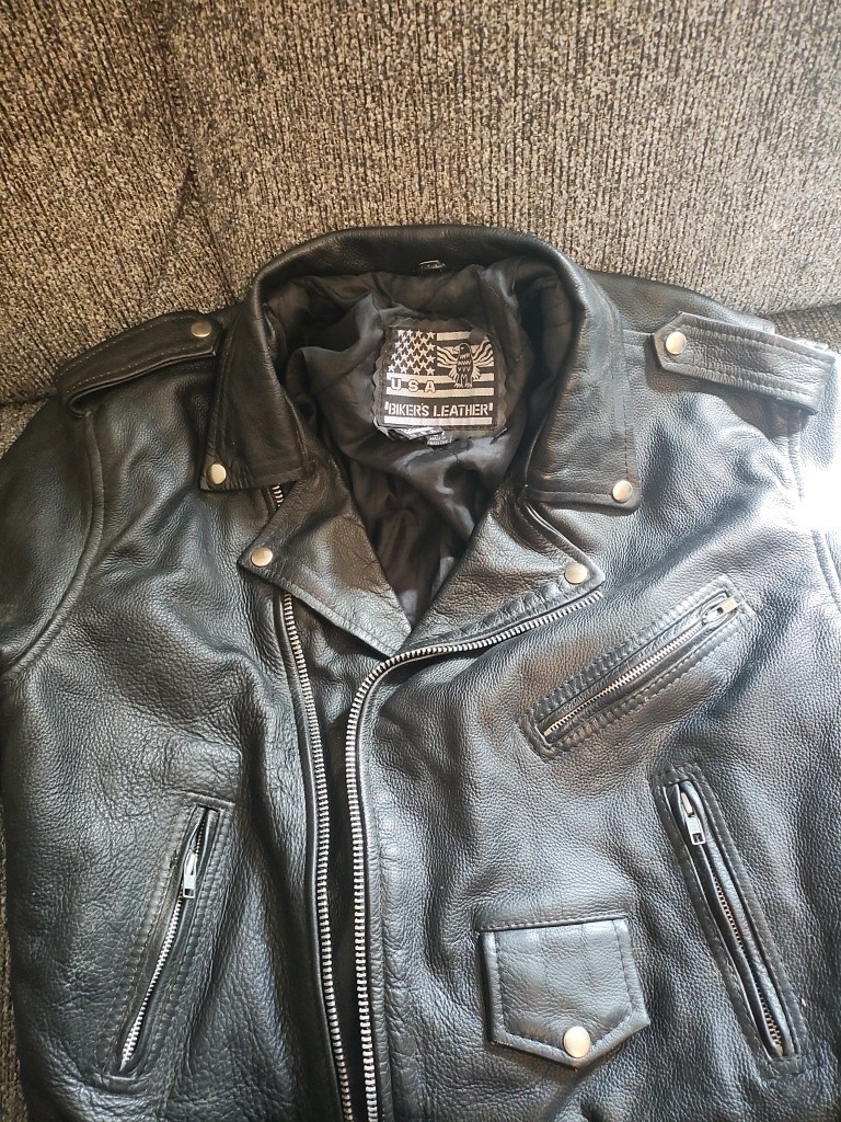 Men’s Black Leather Biker Motorcycle Jacket Zip Front Spread Size 54 As Is
