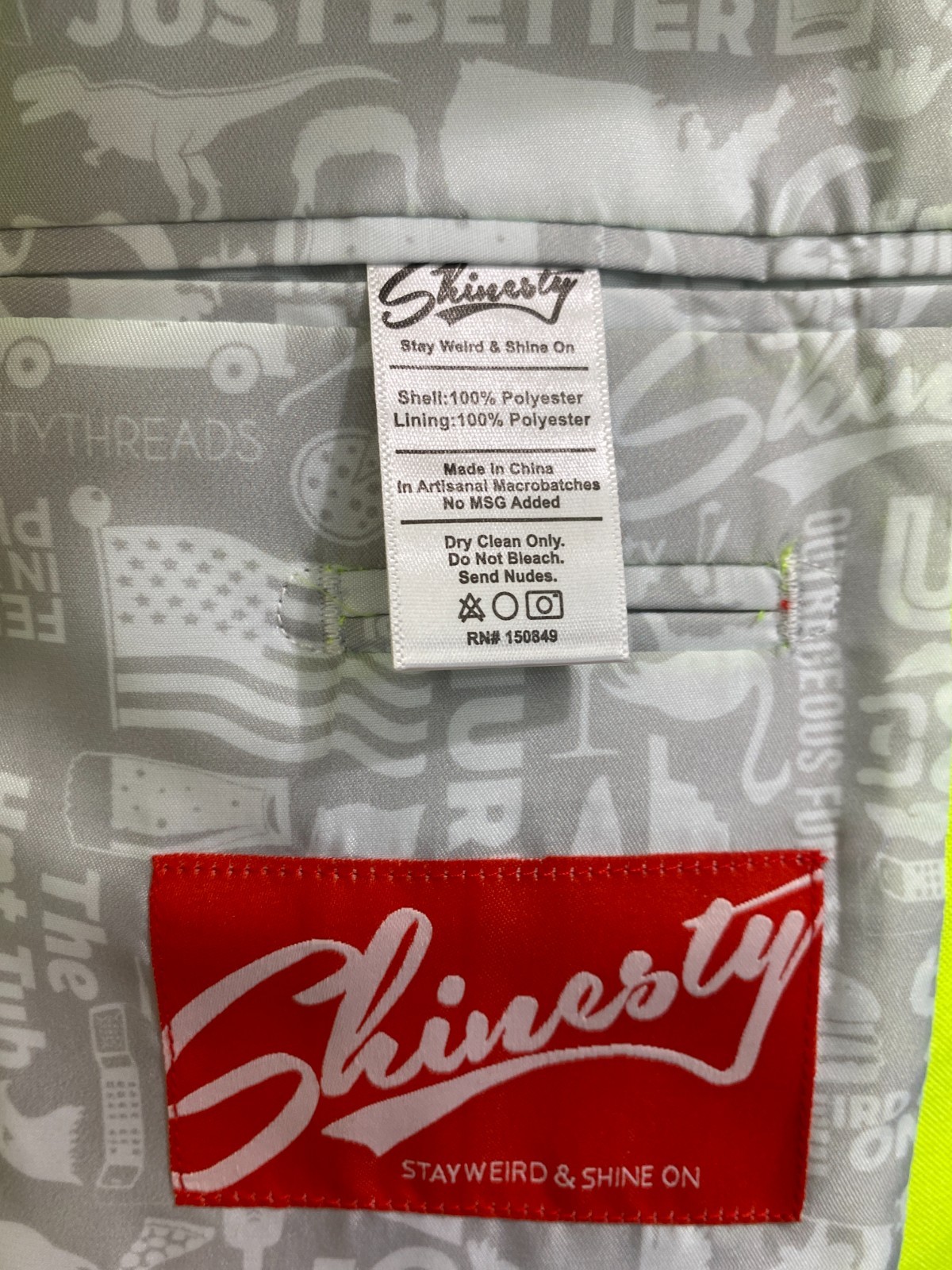 NEW SOLD OUT SHINESTY NEON yellow “STAY WEIRD & SHINE ON” MENS SUIT 44 Pant33/34