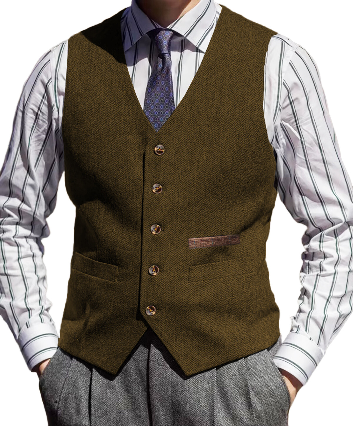 Tweed Vest Mens V-Neck Grooms Waistcoat Wool Waistcoat Herringbone Vintage Retro