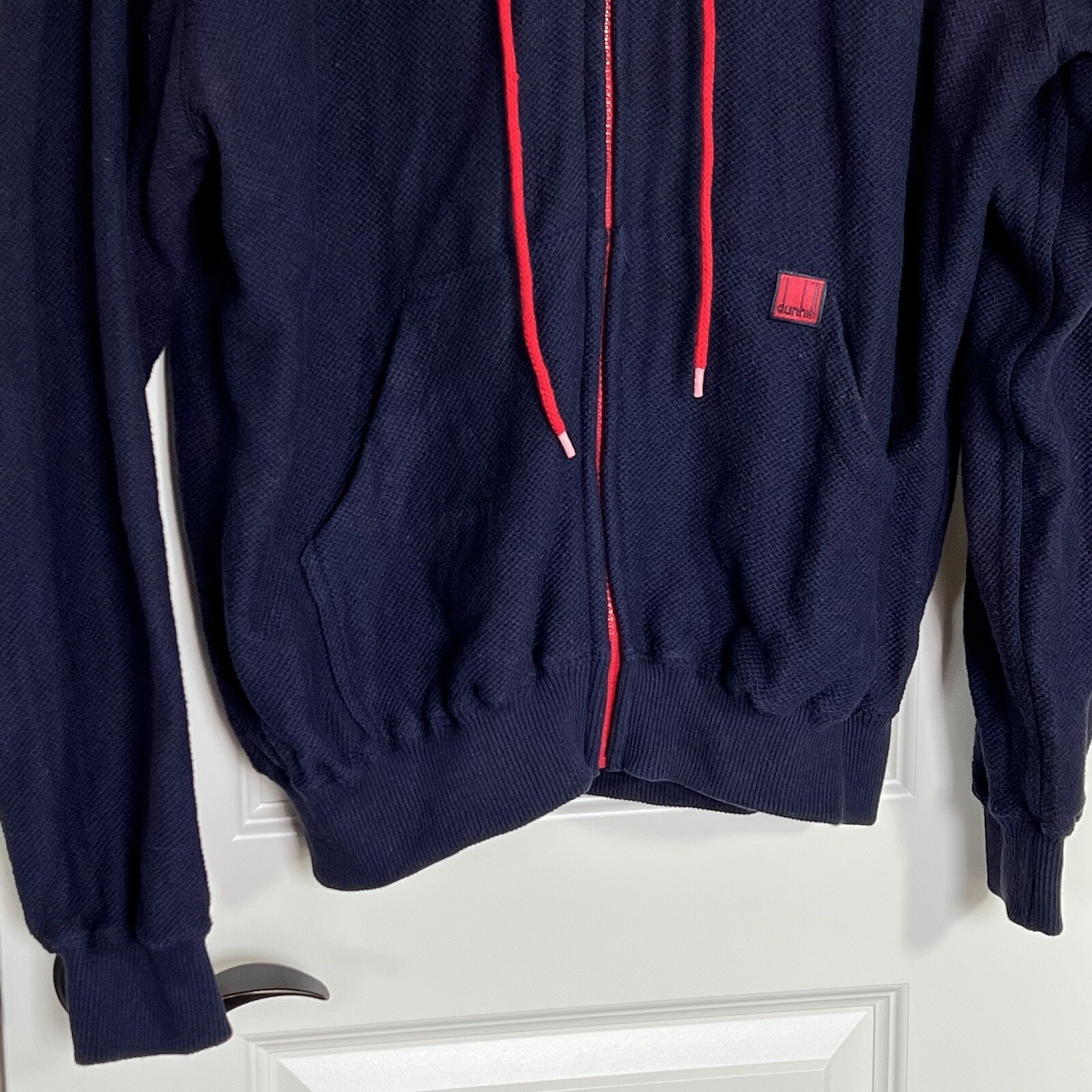 VTG Dunhill Full Zip Jacket Mens M Navy Blue Red Hooded Waffle Knit Hong Kong