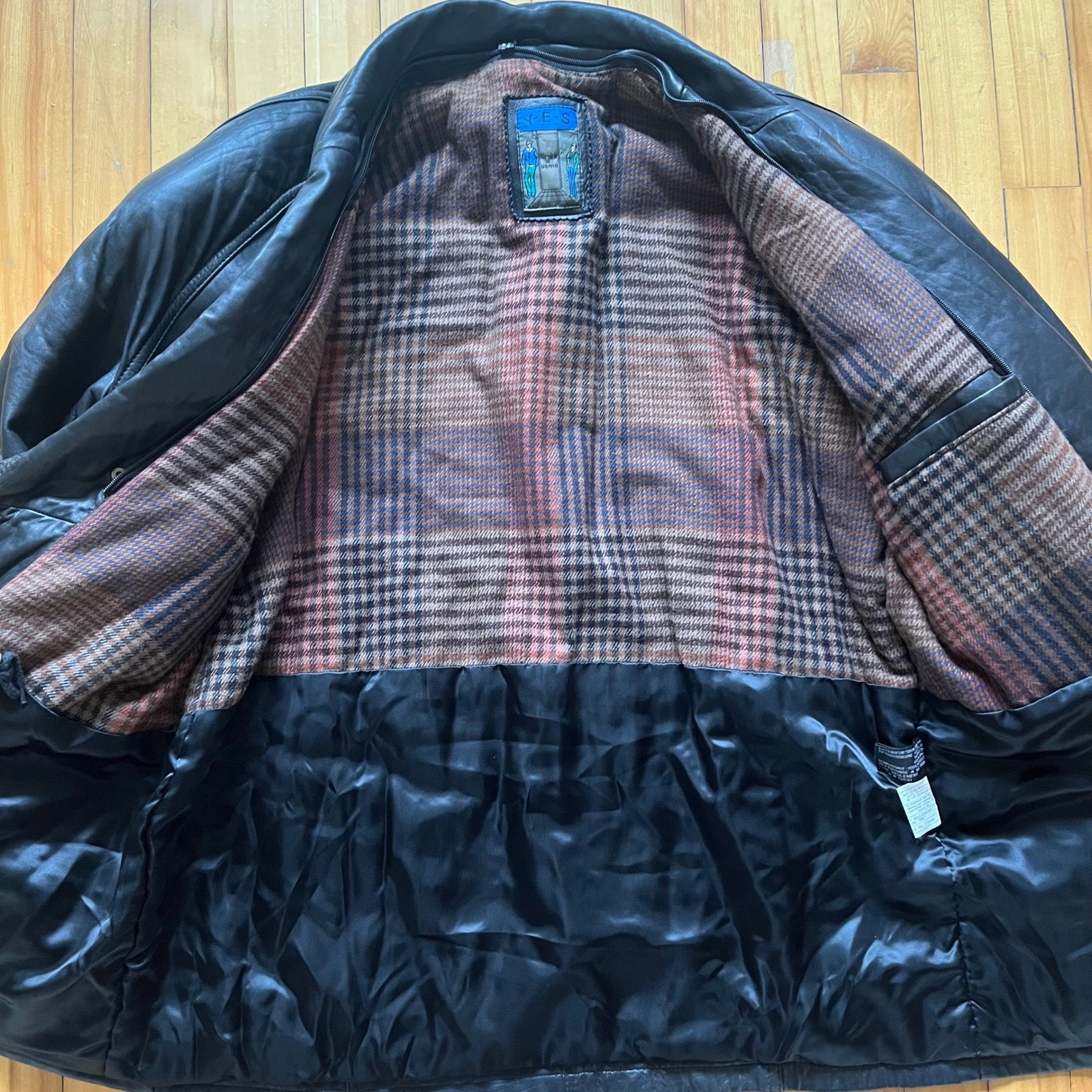 YES Mens Black Leather Jacket Blazer Style Plaid Lined Drawstring Waist Size L