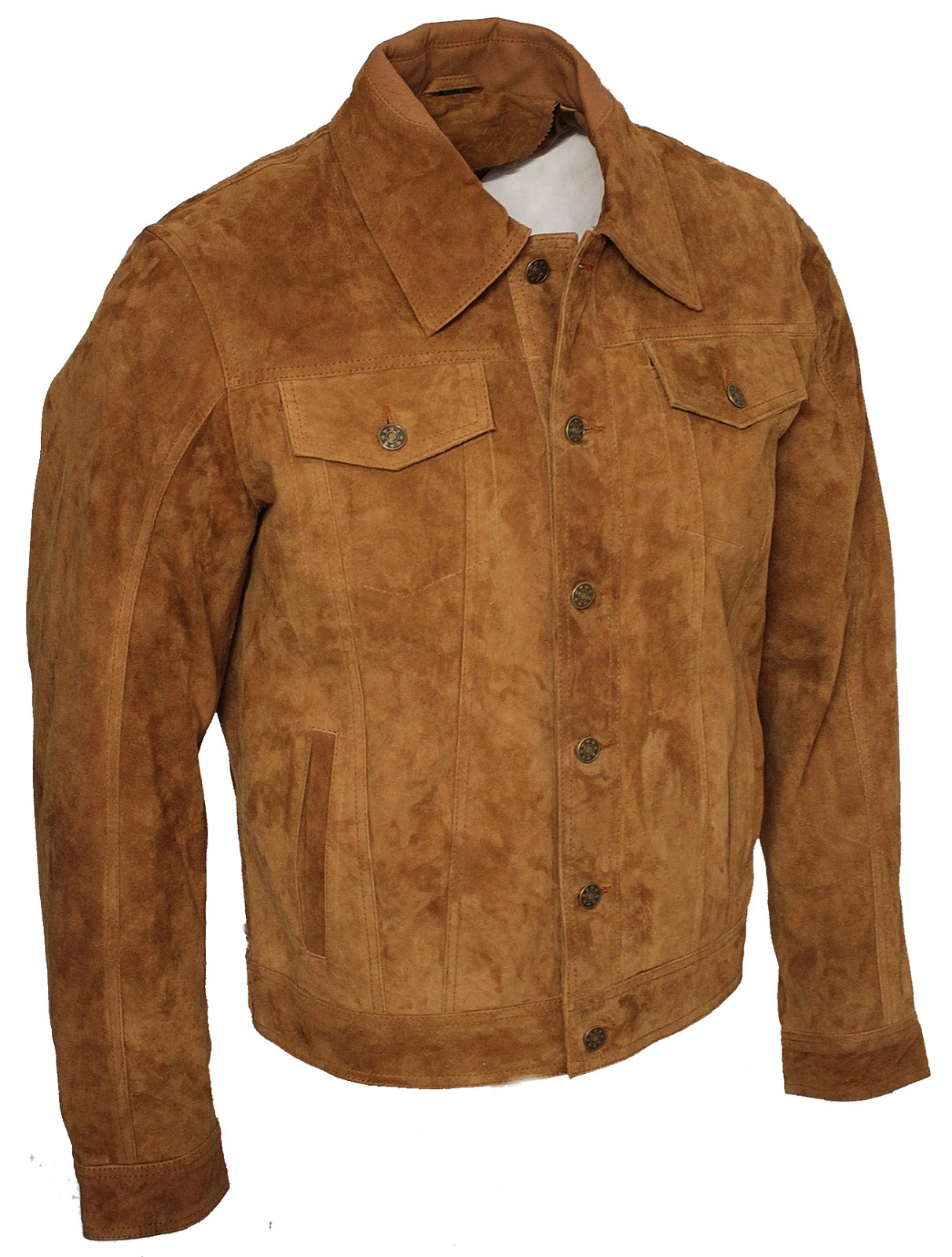 Men’s Trucker Casual Tan Goat Suede Leather Shirt Jeans Jacket