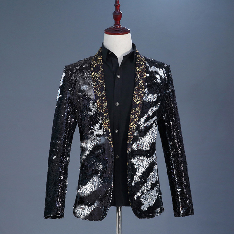 Men Reversible Two Tone Glitter Sequins Suit Jacket Blazer Dance Stage Coat Tops