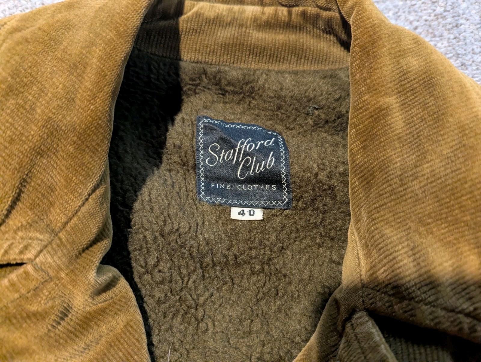 Stafford Club Coat Mens 40 Brown Corduroy Velour 50s 60s Belted Lined Jacket