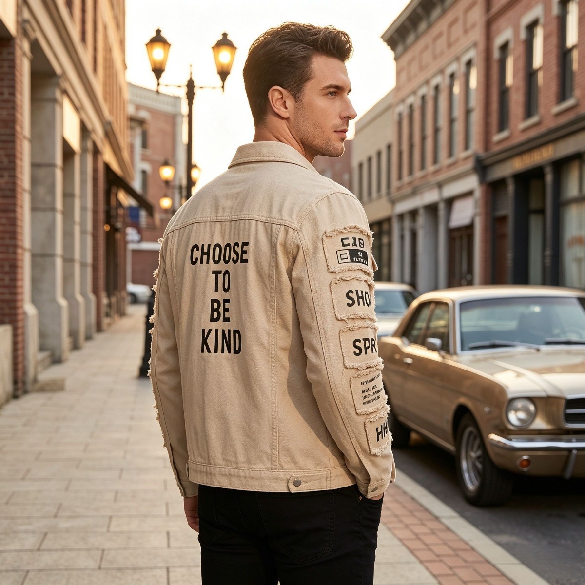Men’s Beige Denim Jacket Letter Patch Frayed Streetwear Trucker Coat