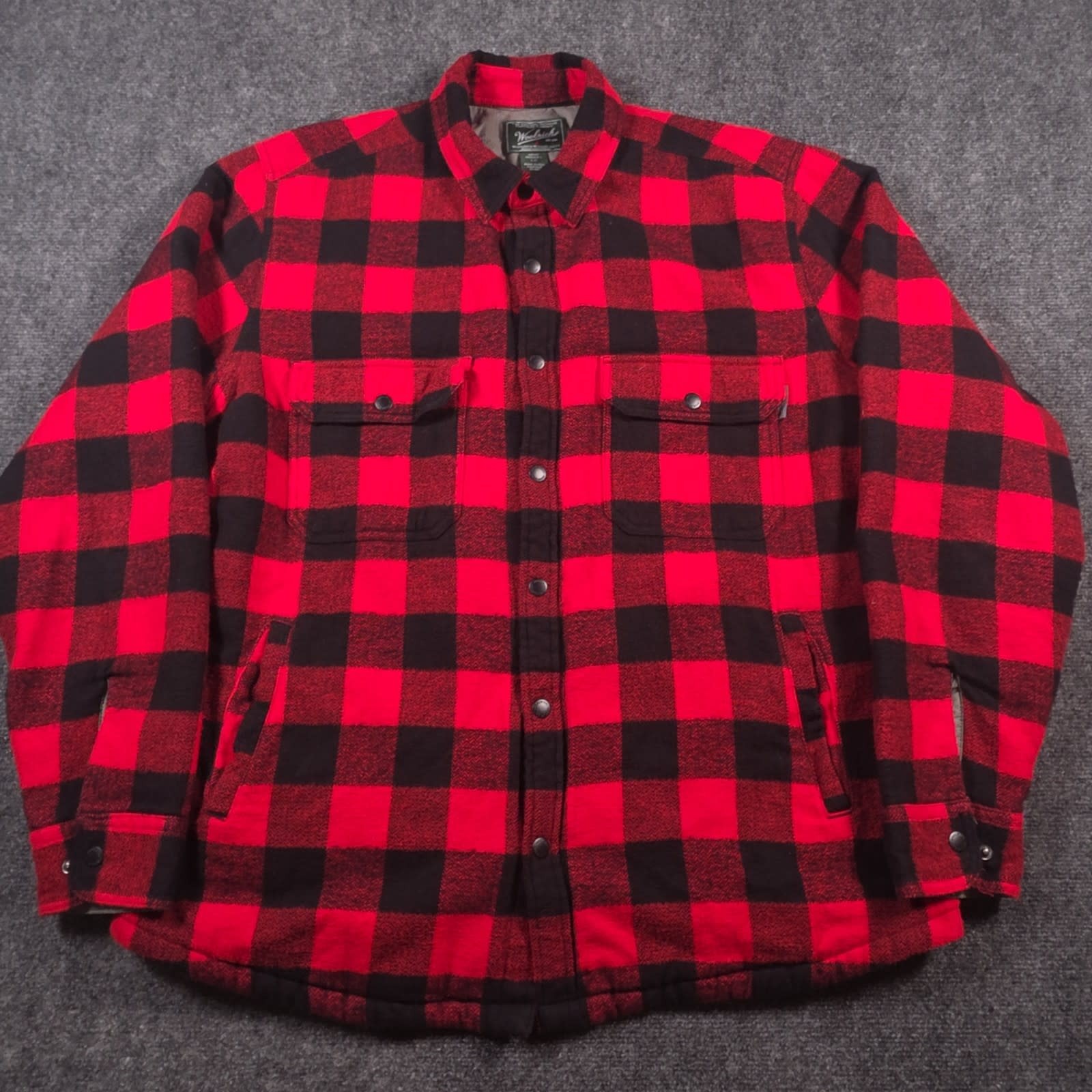 Woolrich Flannel Shirt Jacket Mens L Red Buffalo Plaid Lined Snap Shacket