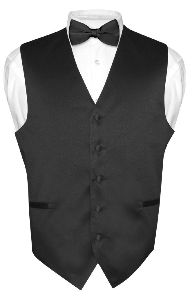 Men’s Dress Vest BOWTie Hanky Solid BLACK Color Bow Tie Set for Suit or Tuxedo