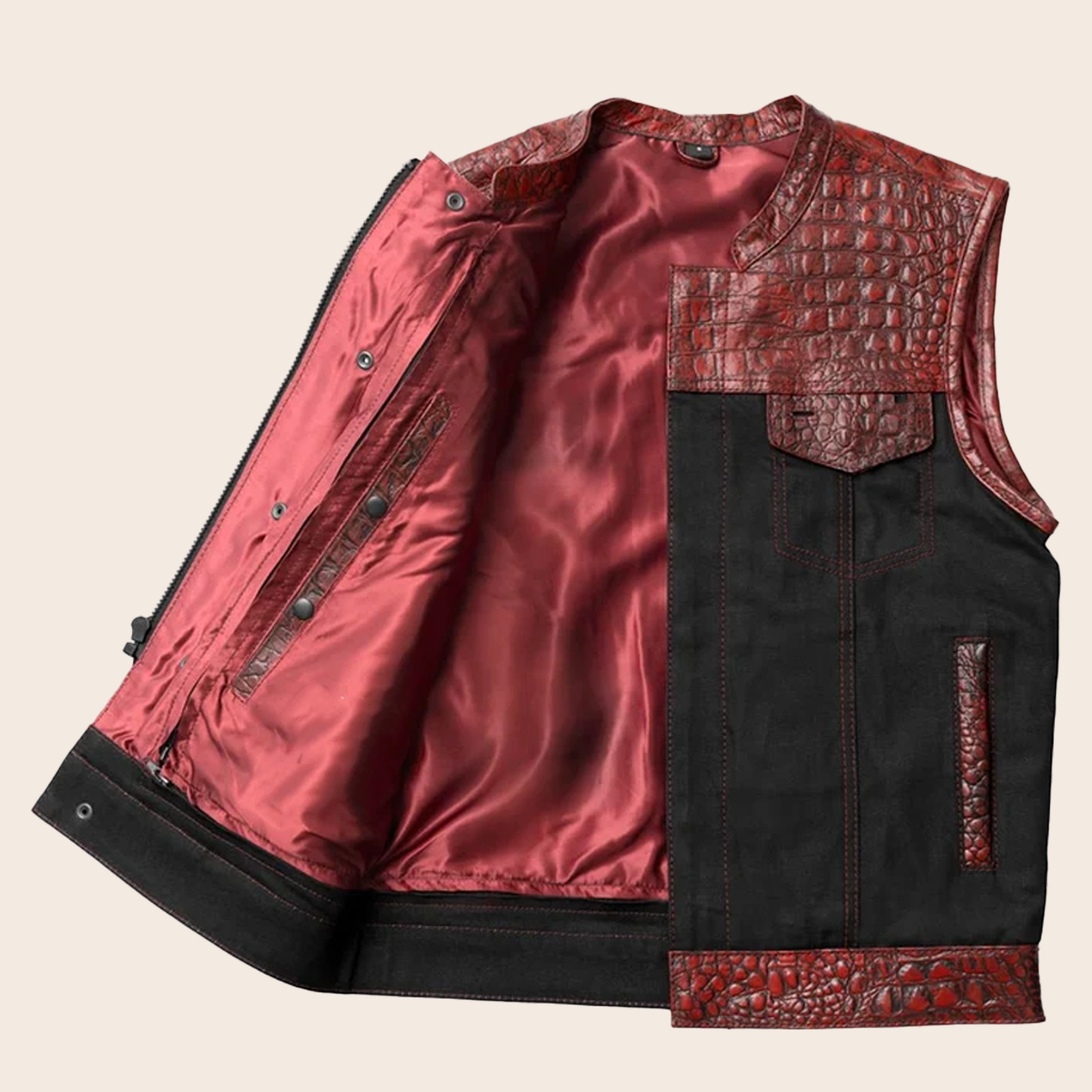 Men’s Black Red – Embossed Leather & Denim Motorcycle Vest