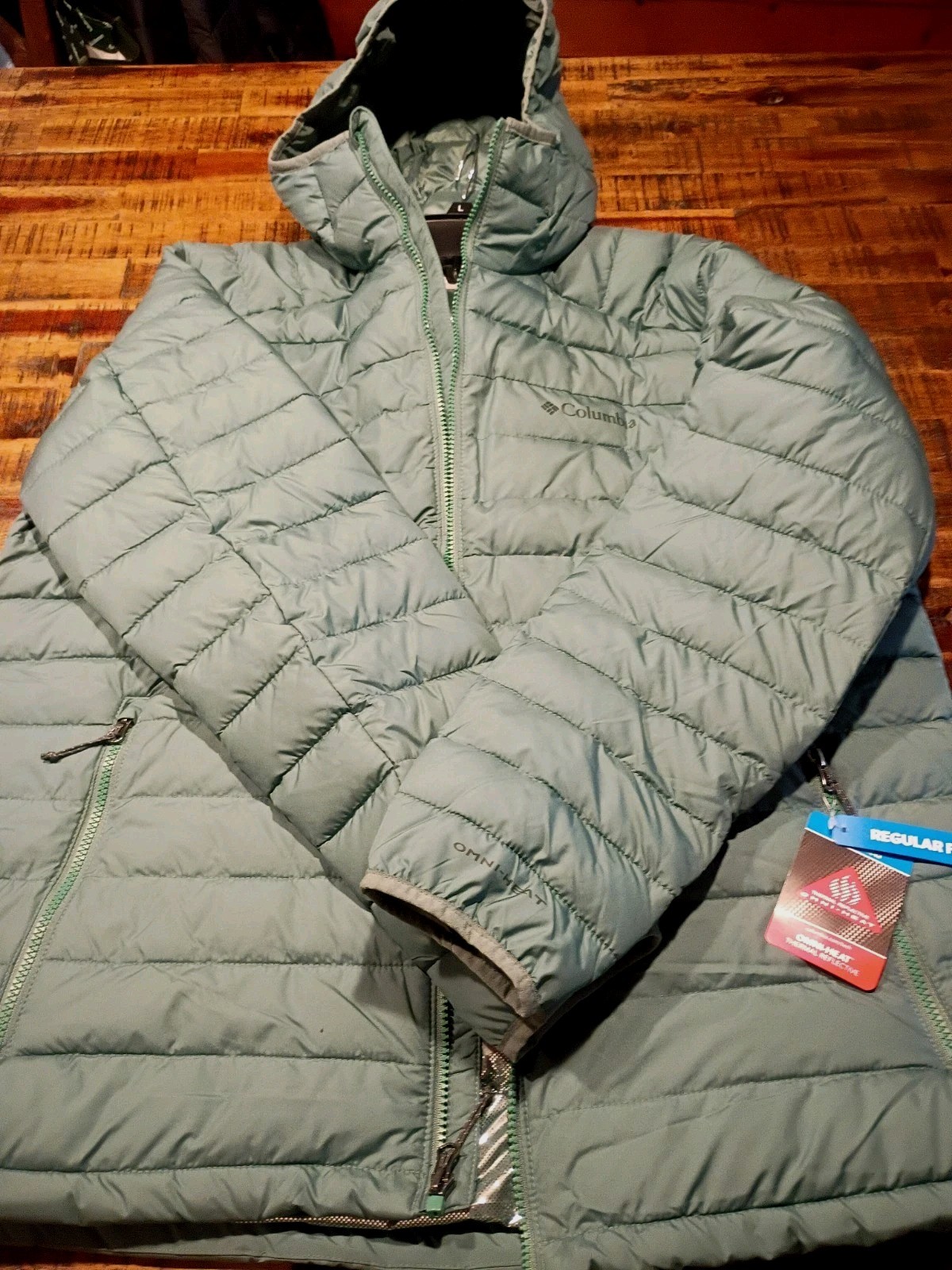 Columbia Mens White Out Omni Heat Hooded Insulated PUFFER Jacket Large Grass Gre