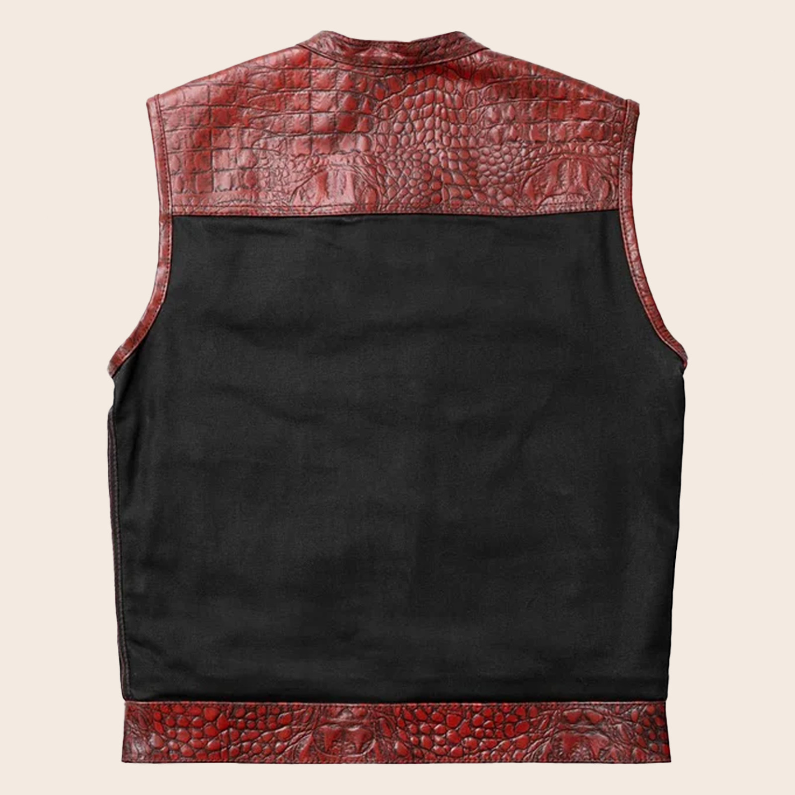 Men’s Black Red – Embossed Leather & Denim Motorcycle Vest