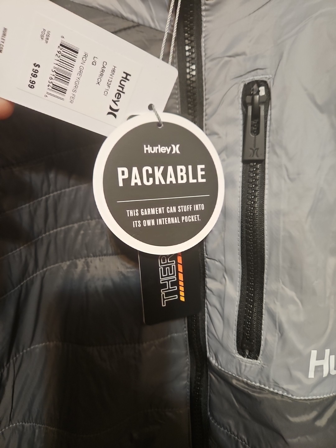 Hurley Carrick Men’s Size L Packable Lined Full Zip Gray Hooded Jacket New