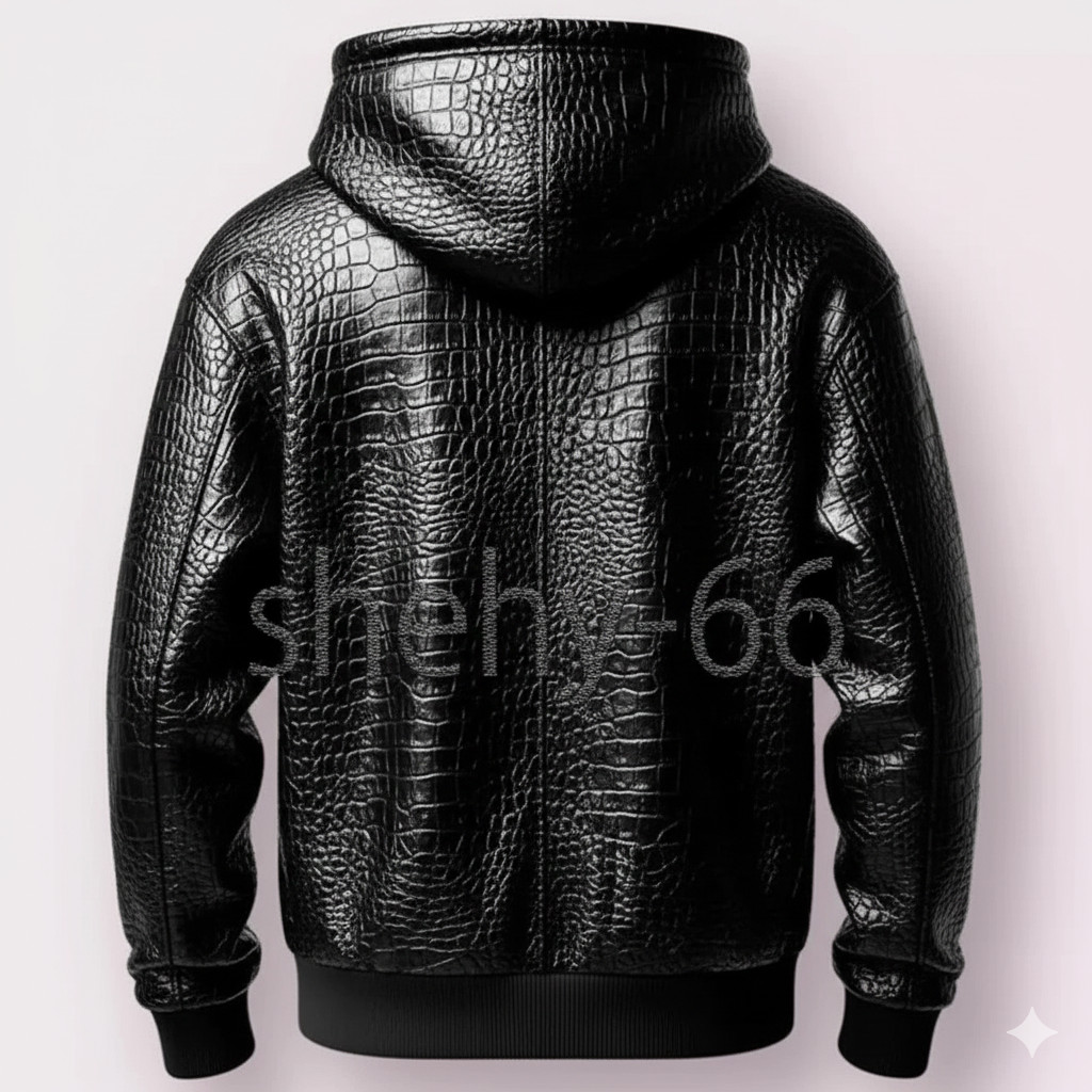 Men’s Genuine Leather Hoodie Black Croc Texture Luxury Streetwear Pullover Coat