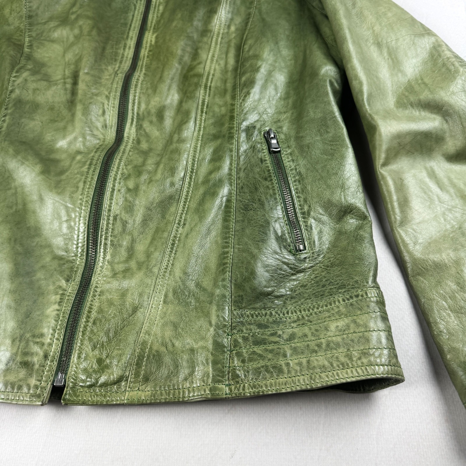 Mens Vintage Green Genuine Leather Moto Jacket Studded Collar Biker Y2K Grunge