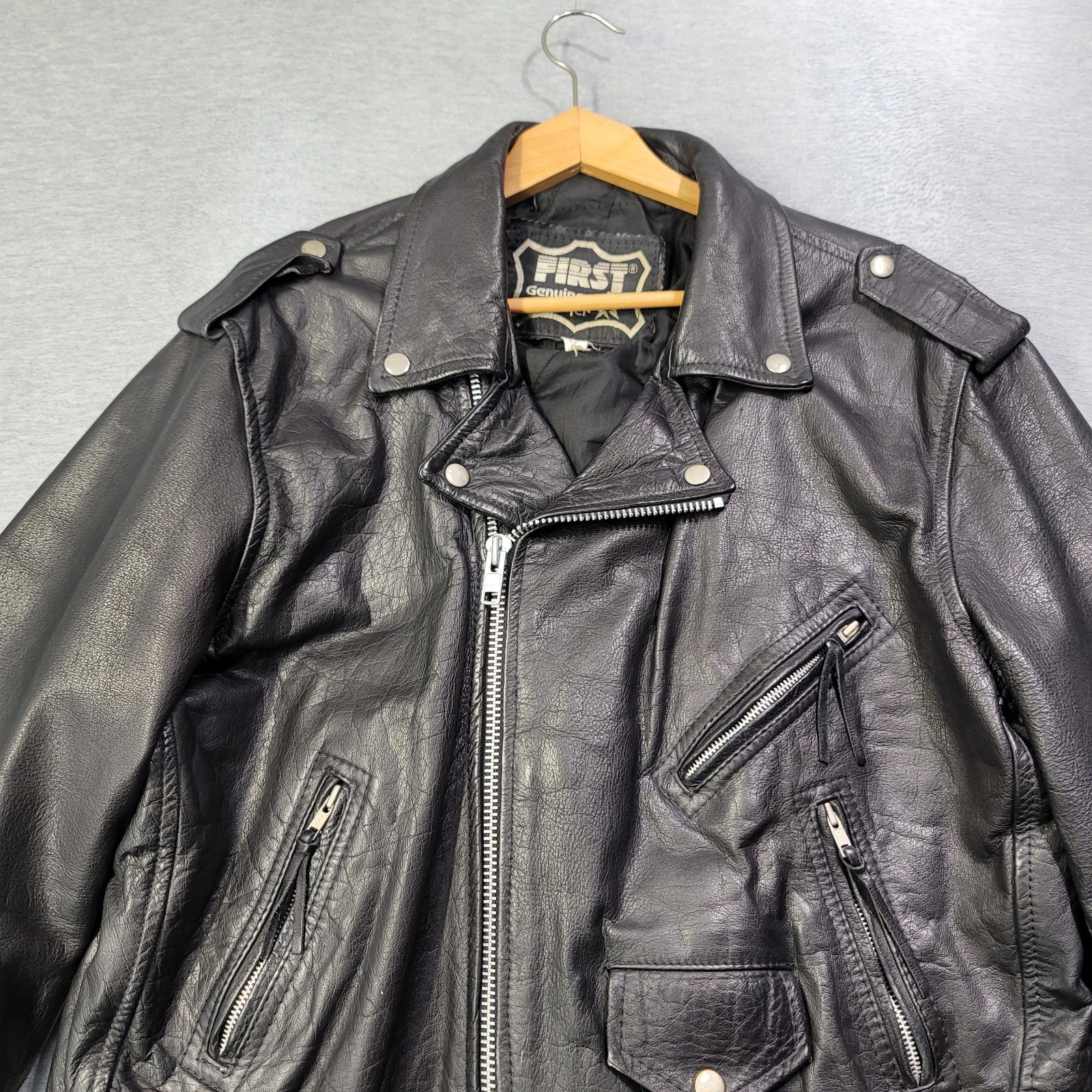 Vintage First Leather Jacket Mens 44 Black Full Zip Belt Biker Quilt Lined 80s