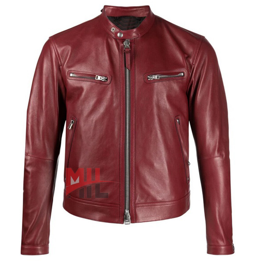 New Handmade Men’s Maroon Genuine Cowhide Leather Fashion Biker Jacket
