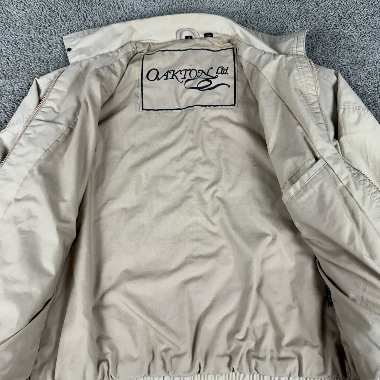 Vintage Oakton Ltd Jacket Mens Medium Beige Bomber Cotton Blend Lined Casual