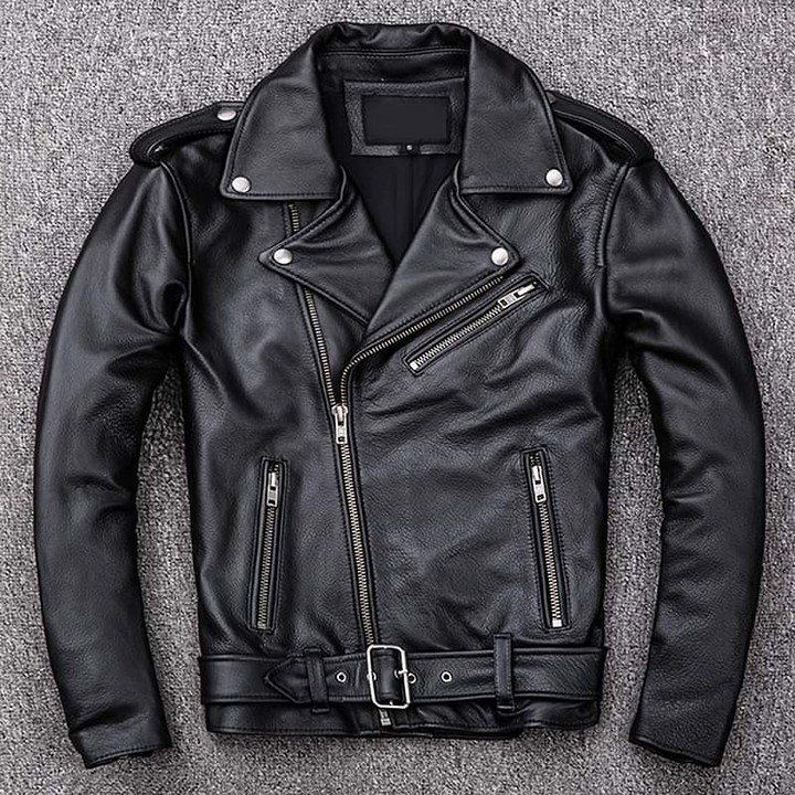 Men’s Black Genuine Leather Biker Motorcycle Jacket Classic Belted Zip Coat
