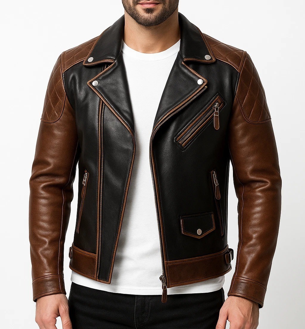 Men’s Genuine Leather Cafe Racer Jacket – Brown & Black Motorcycle Biker Style