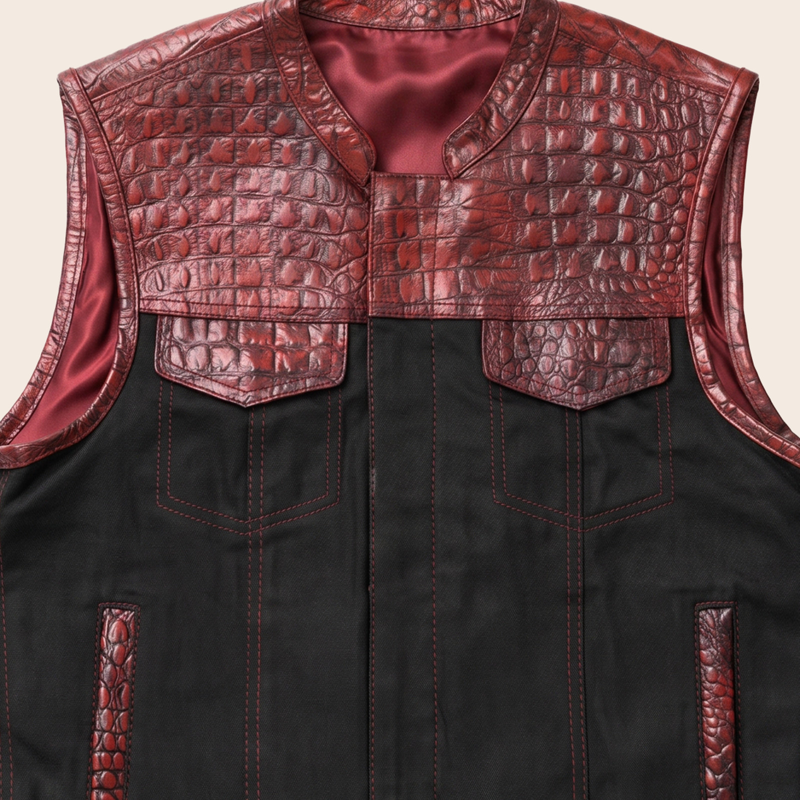 Men’s Black Red – Embossed Leather & Denim Motorcycle Vest