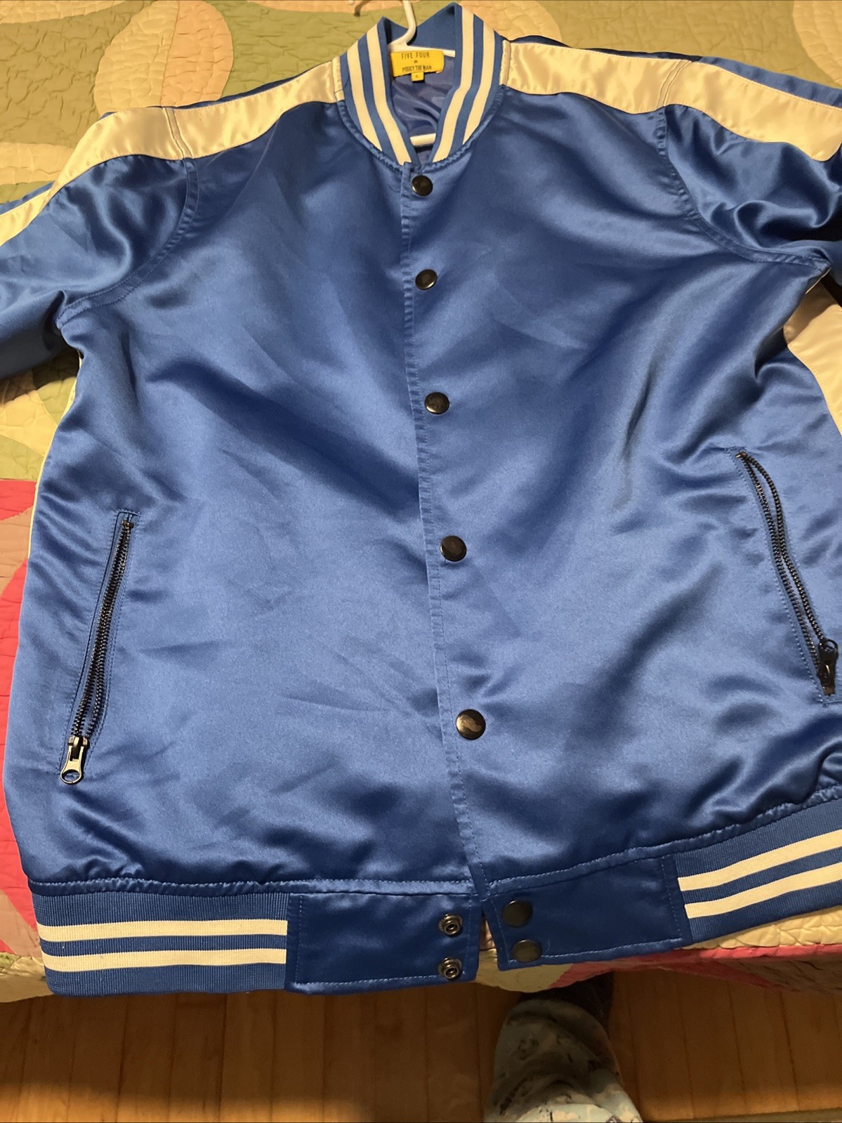 FIVE-FOUR Blue Button-Up POGGY-THE-MAN SATIN JACKET Athletic Hip-Hop Gym Men L