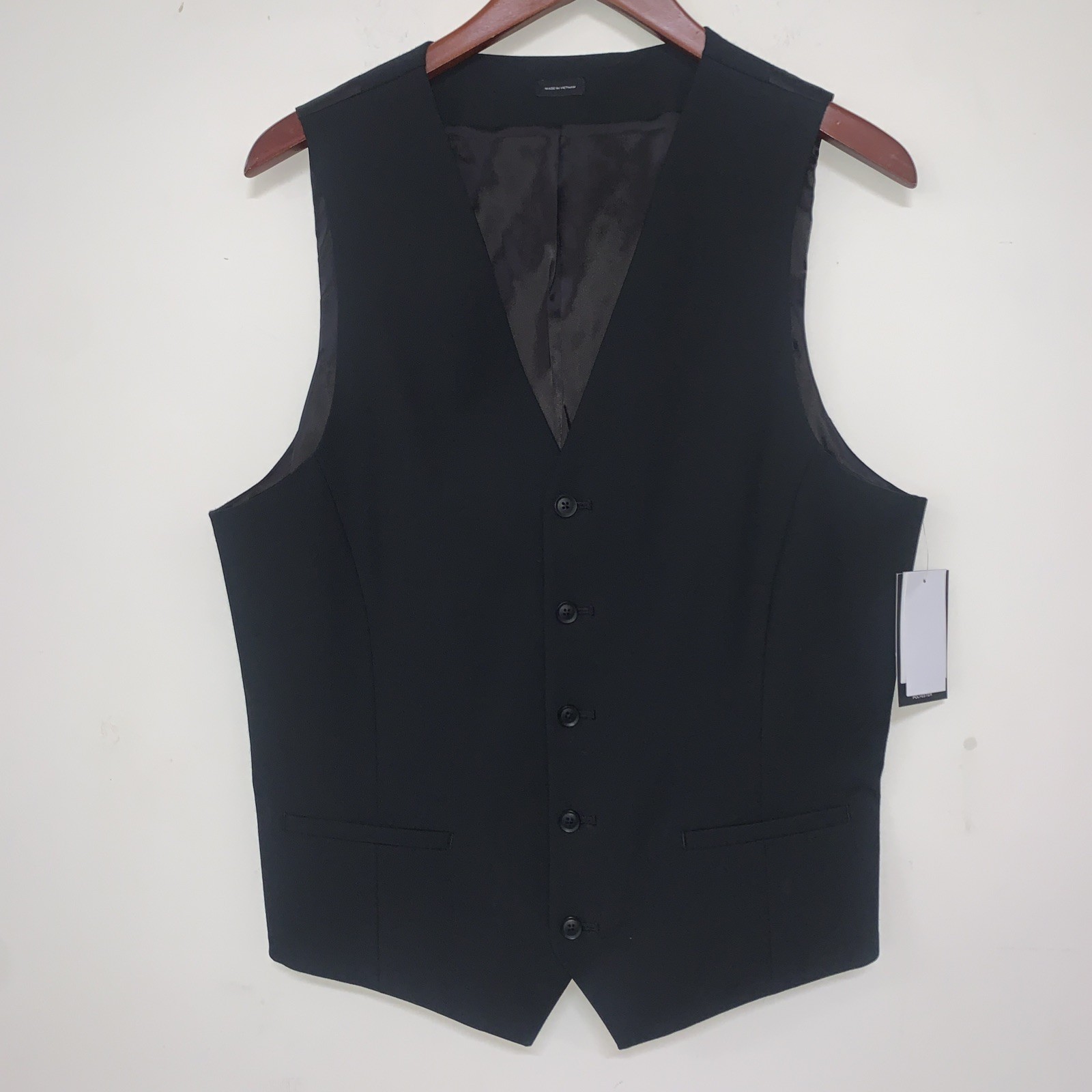 JF J. FERRAR Men’s 5 Button Down Black Lined Slim Med Vest Back Adjust Business