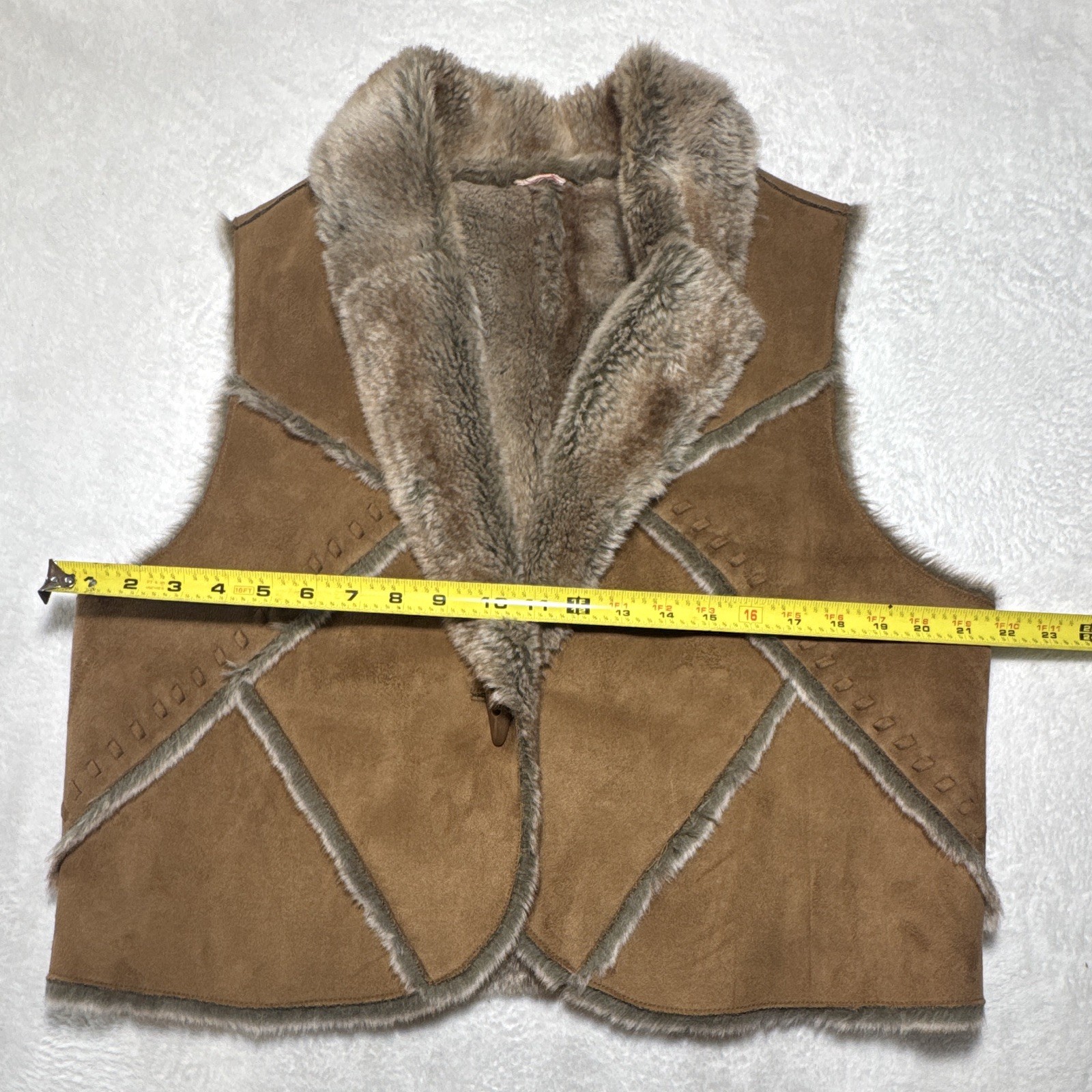 Unisex Adults Brown Toggle Vest L Faux Fur Lined Shawl Collar Solid Short EUC