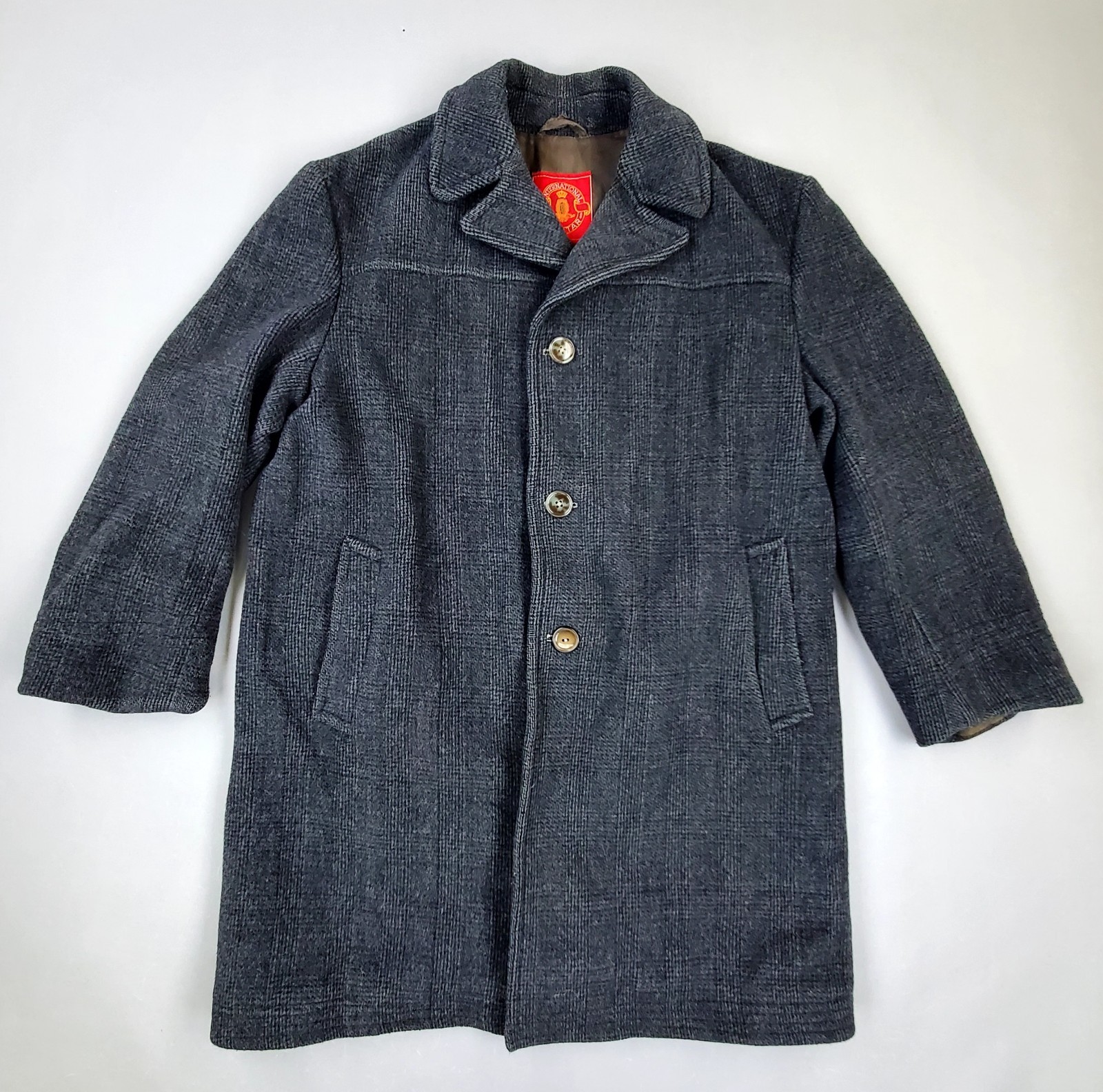 International Valstar Plaid Grey Single Breasted Wool Coat Jacket Made In Dublin