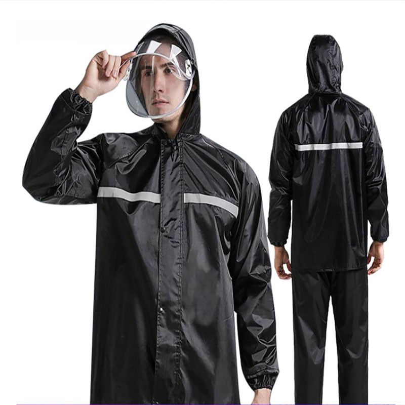 Men Black Waterproof Long Raincoat Hooded Trench Jacket Outdoor Hiking Rain