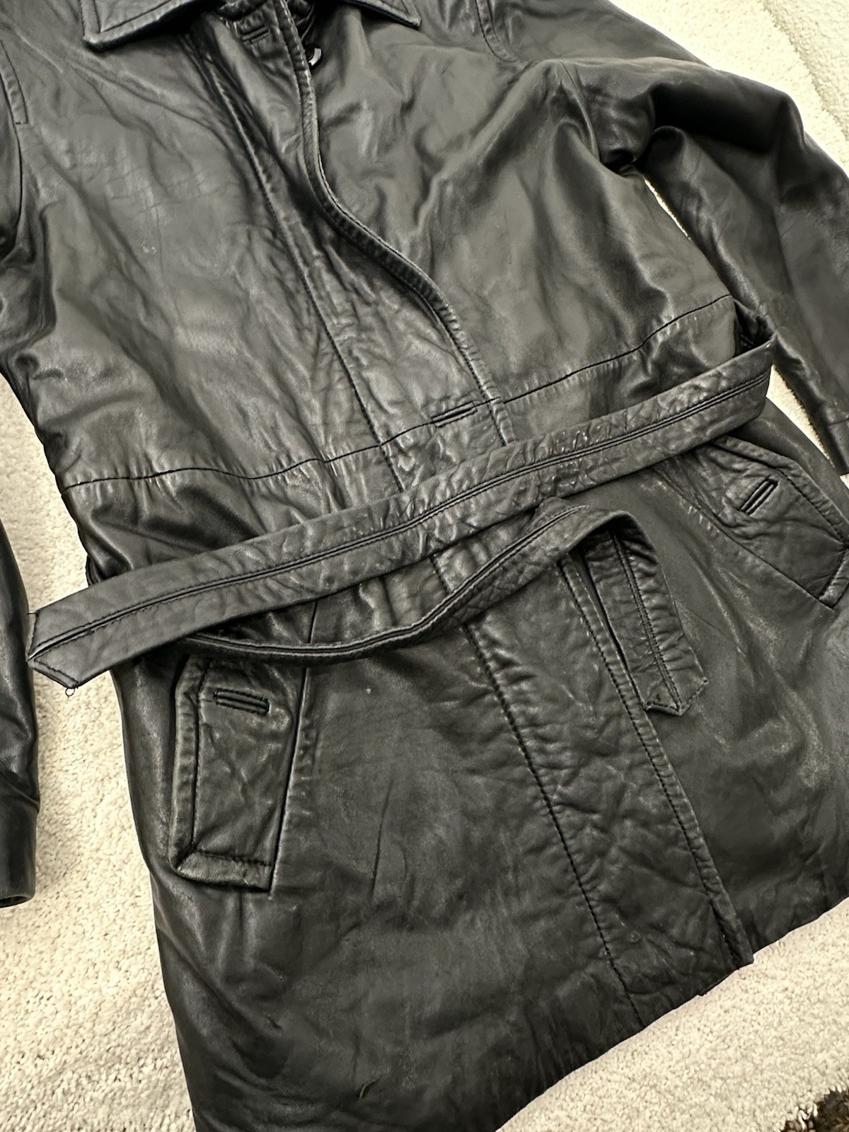 Vtg Express Leather Trench Coat Jacket M Black Belted Genuine Leather Thinsulate