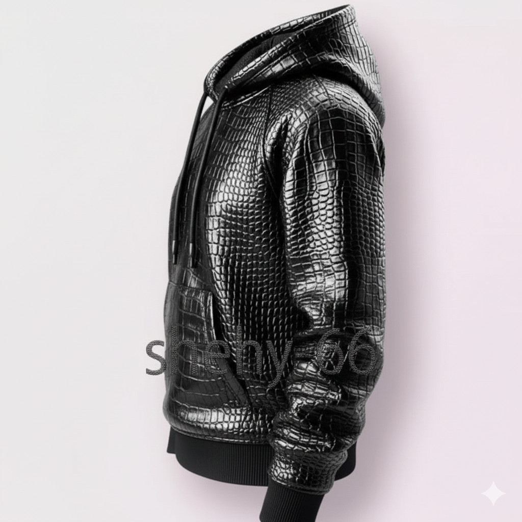 Men’s Genuine Leather Hoodie Black Croc Texture Luxury Streetwear Pullover Coat