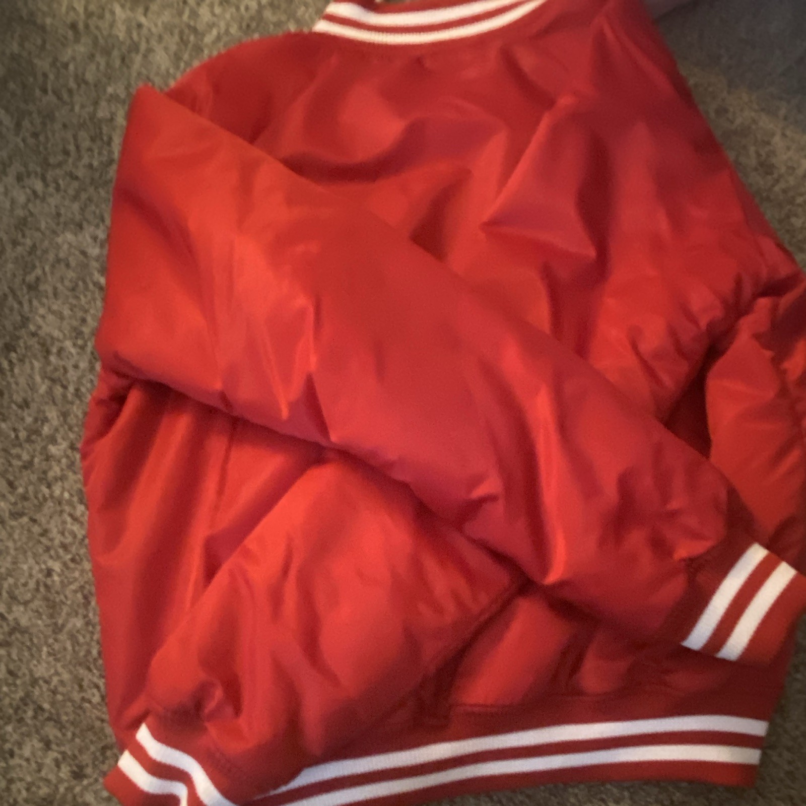 Nova Men Red White Varsity Jacket M Snap Front Ribbed Striped Trim Pockets