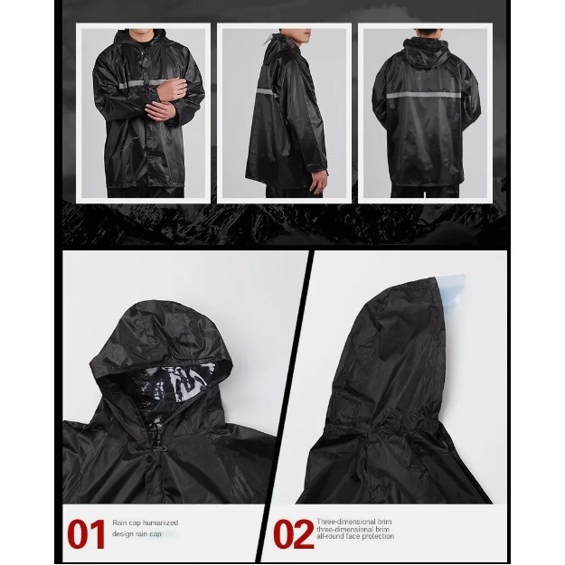 Black Safety Rain-suit, Rain Jacket With Hoodie & Rain Pants Waterproof Raincoat