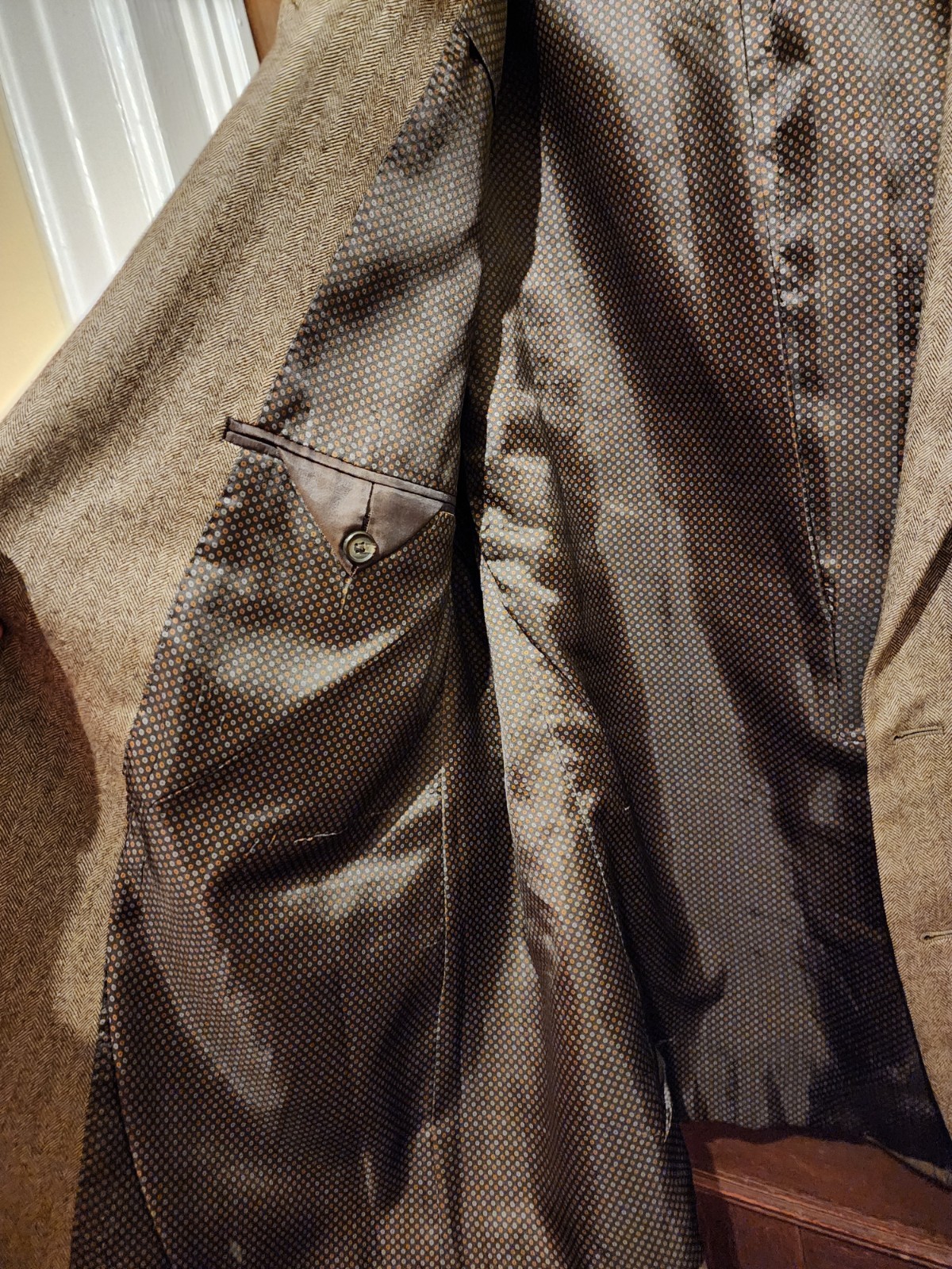 Ralph Lauren Brown Herringbone Wool Cashmere Blazer with Elbow Patches-Size 48R