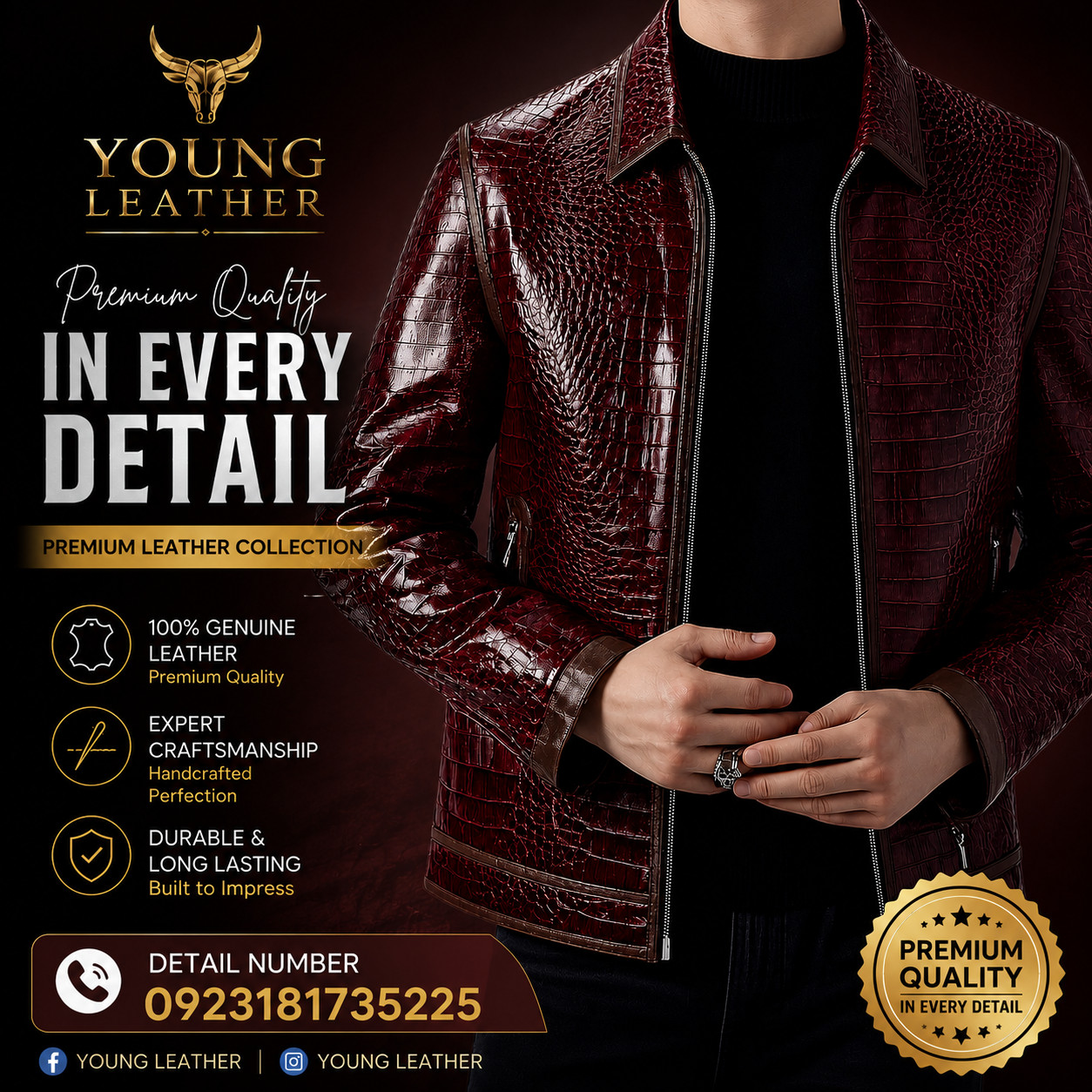 Luxury Men’s Crocodile Embossed Leather Jacket Genuine Leather