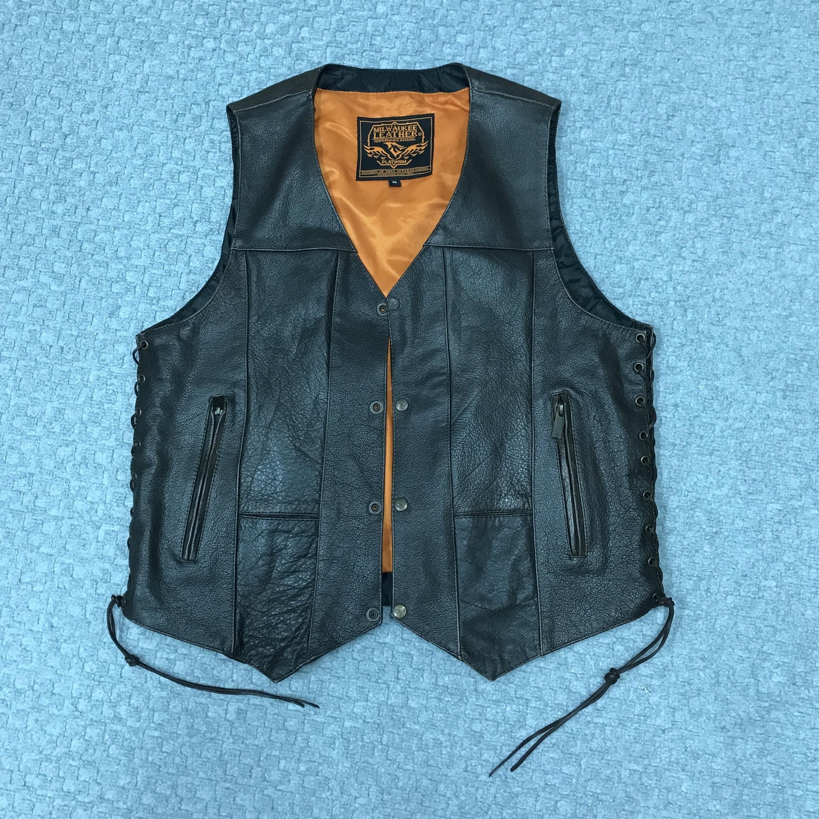 Milwaukee Leather Vest Mens 46 Dark Brown Side Lace Biker Motorcycle Snap Front