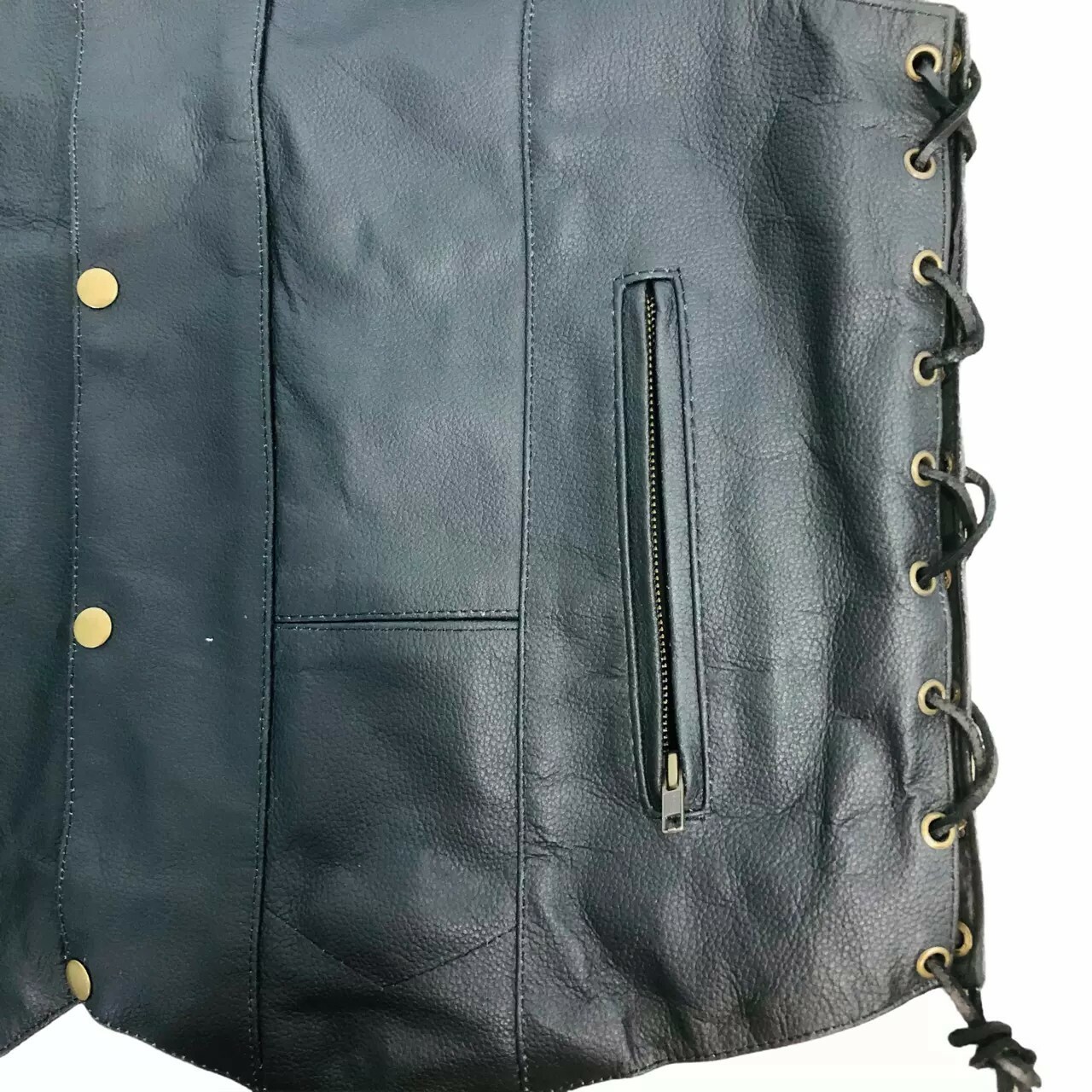 Mens Black Genuine Leather Motorcycle Vest XL Lace Up Sides Bikercore Concealed
