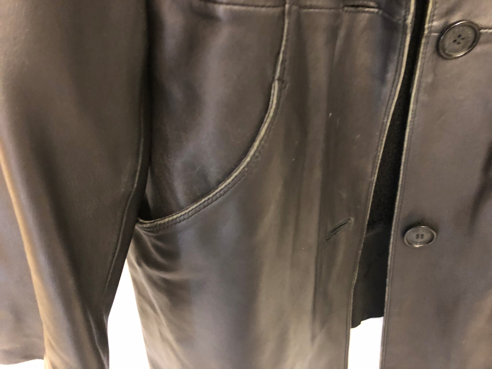London Fog Men’s Leather Coat Large Four Button Front Black Jacket Fleece Lined