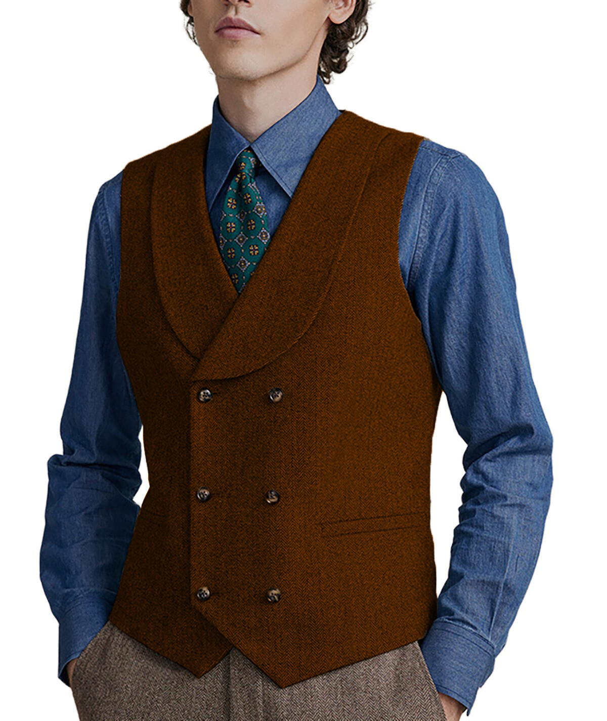 Shawl lapel Vests Mens Double-breasted Waistcoats Tweed Herringbone Wedding Wool