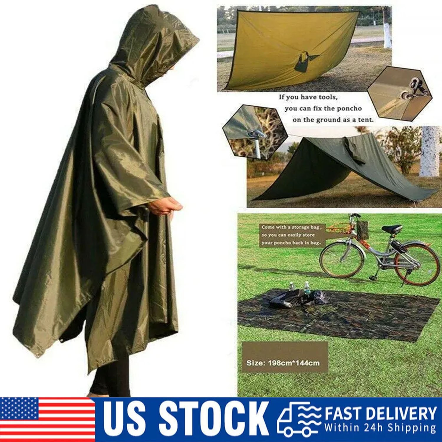 Ripstop Poncho Waterproof Hooded Rain Coat Army Military Camping Hiking Outdoor