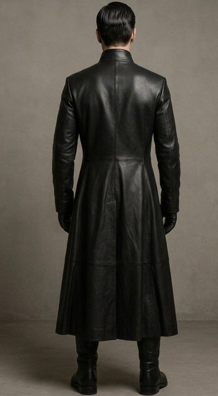 Handmade Mens Black Leather Trench Coat Matrix Neo Inspire Long Overcoat Jacket